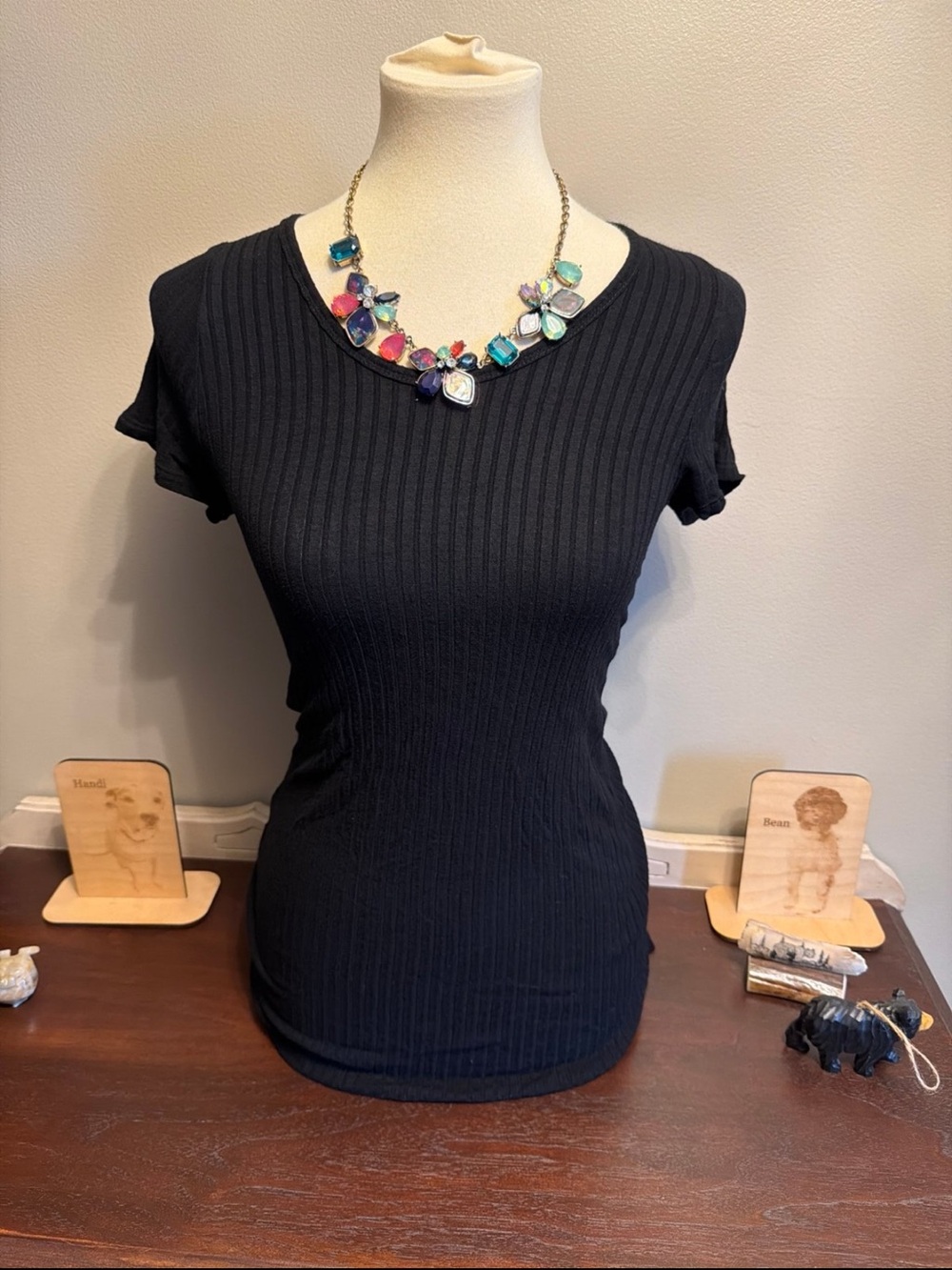 Black Lularoe Ribbed Tee with Charming Charlie’s statement necklace